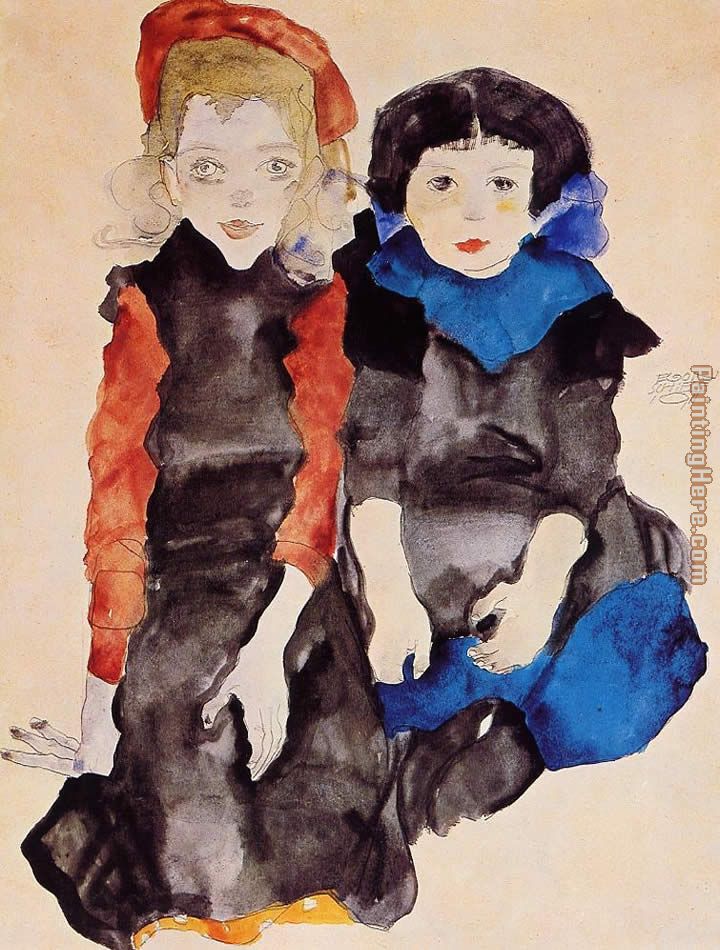 Two Little Girls painting - Egon Schiele Two Little Girls art painting